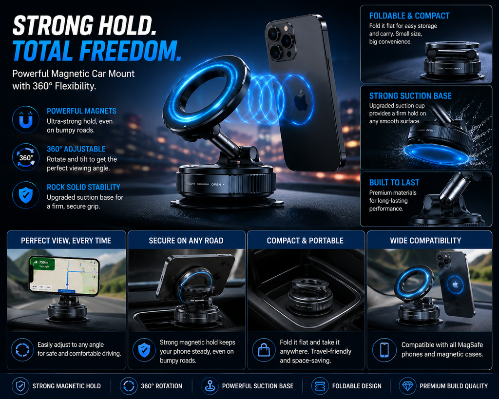 360° Magnetic Car Phone Mount with Strong Suction Base