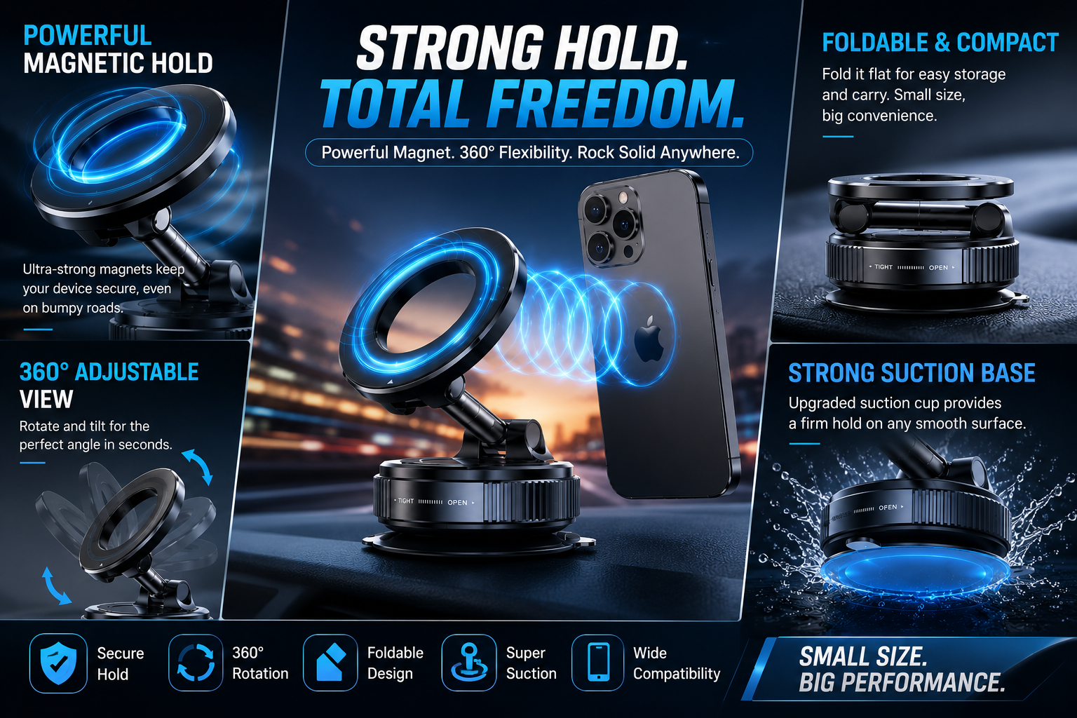 360° Magnetic Car Phone Mount with Strong Suction Base