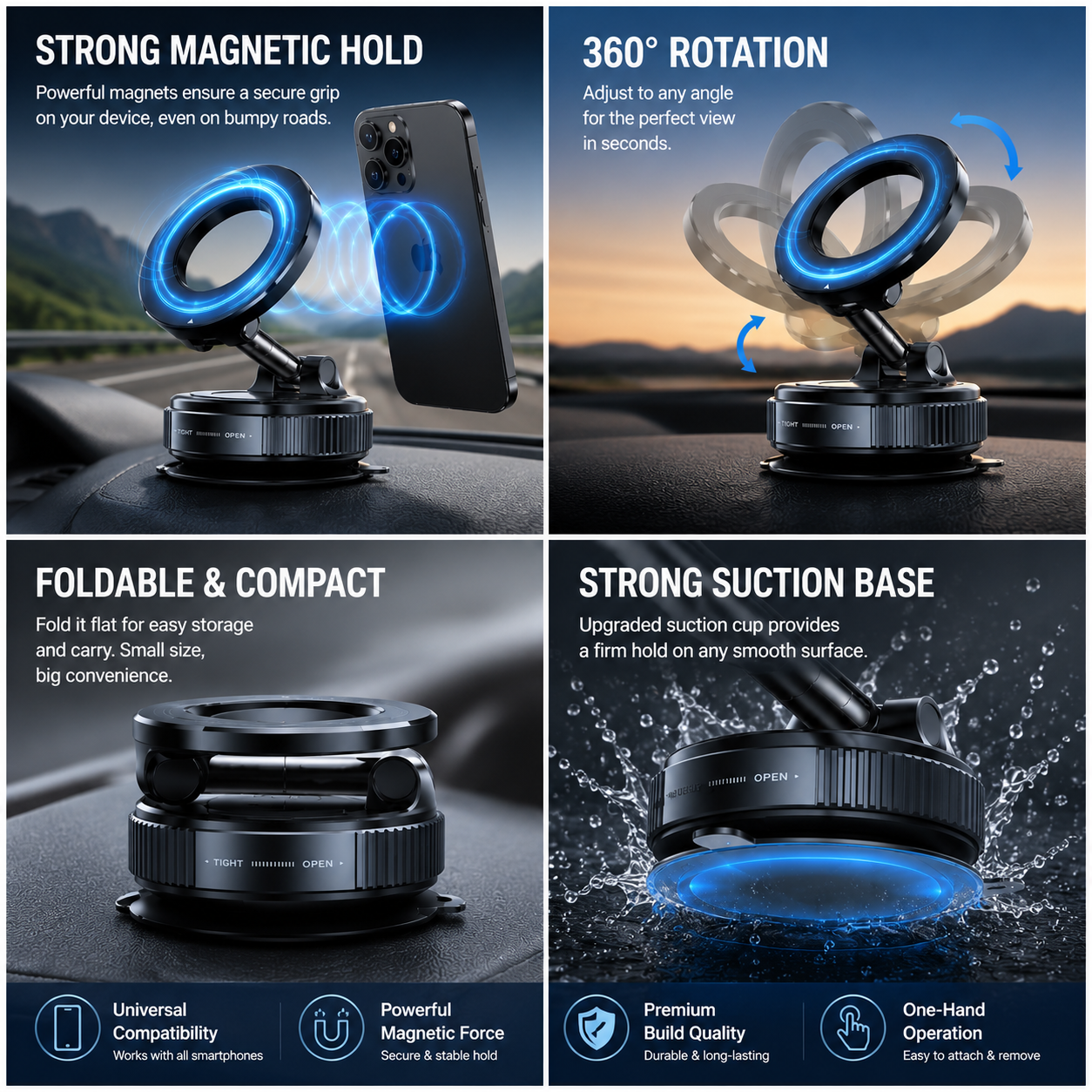 360° Magnetic Car Phone Mount with Strong Suction Base