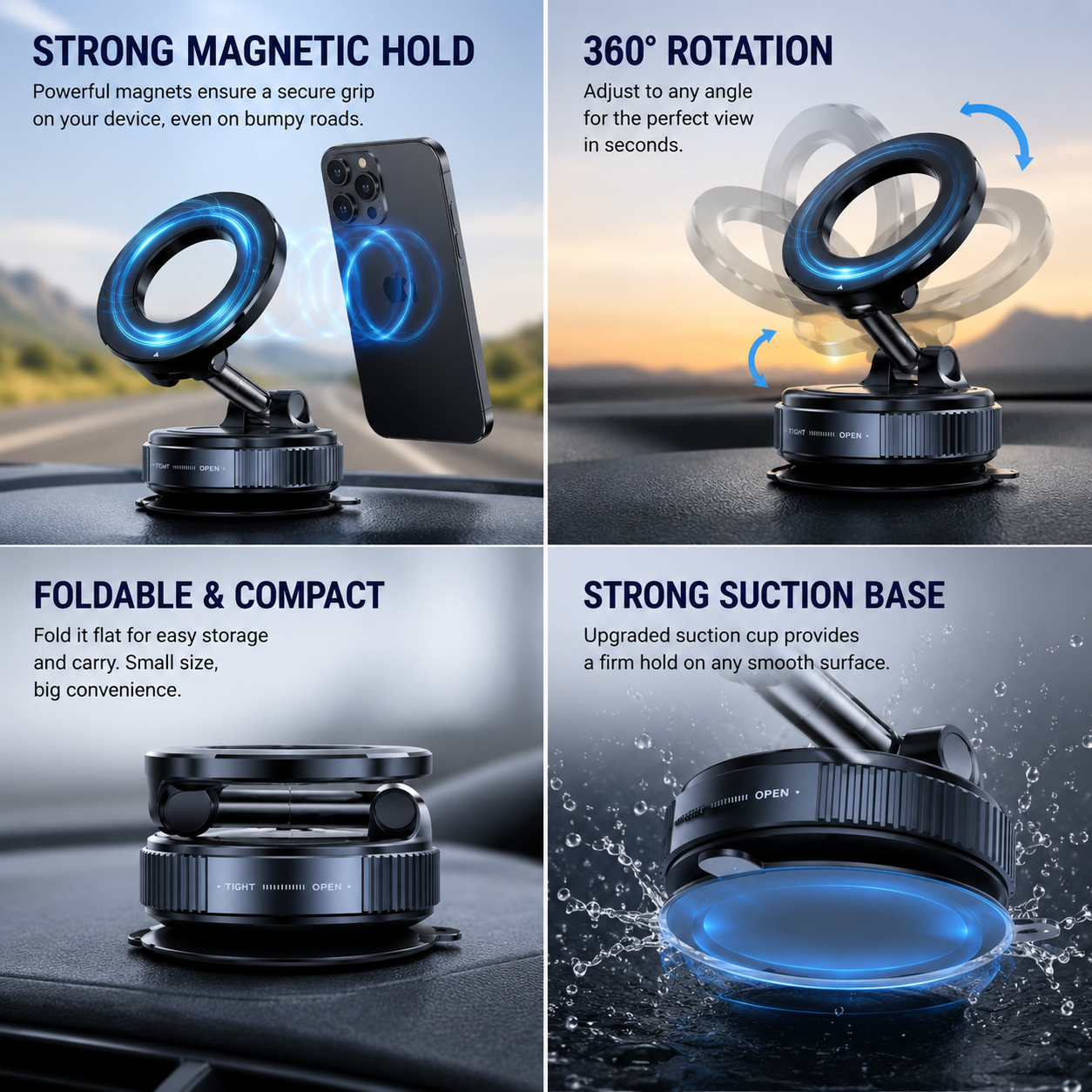 360° Magnetic Car Phone Mount with Strong Suction Base