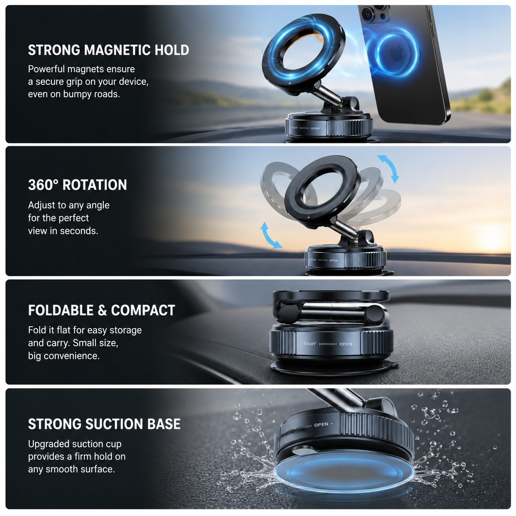 360° Magnetic Car Phone Mount with Strong Suction Base